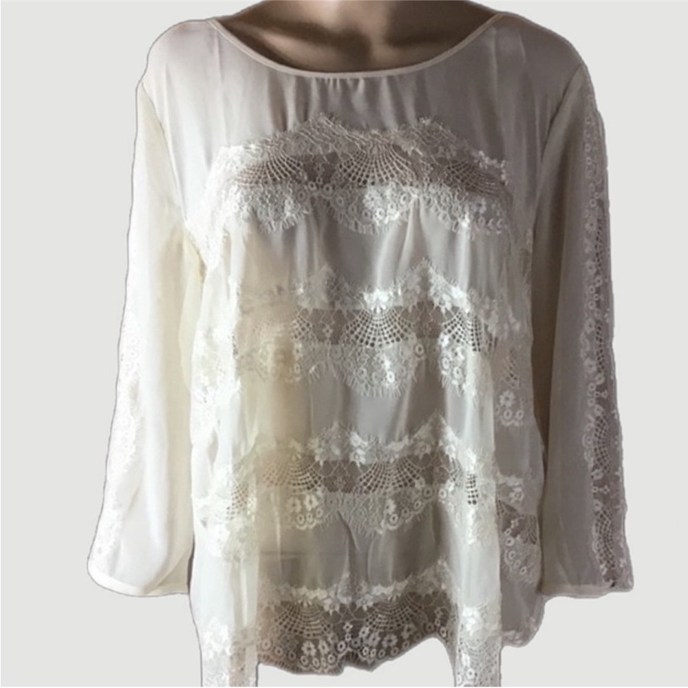 NWT Lucky Brand Ivory Lace Banded Semi-Sheer Tunic